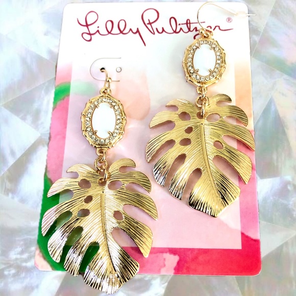 LILLY PULITZER EARRINGS NWT EXQUISITE MONSTERA LEAF  ⭐️ JUNGLE VIBE GOLD - Picture 10 of 10
